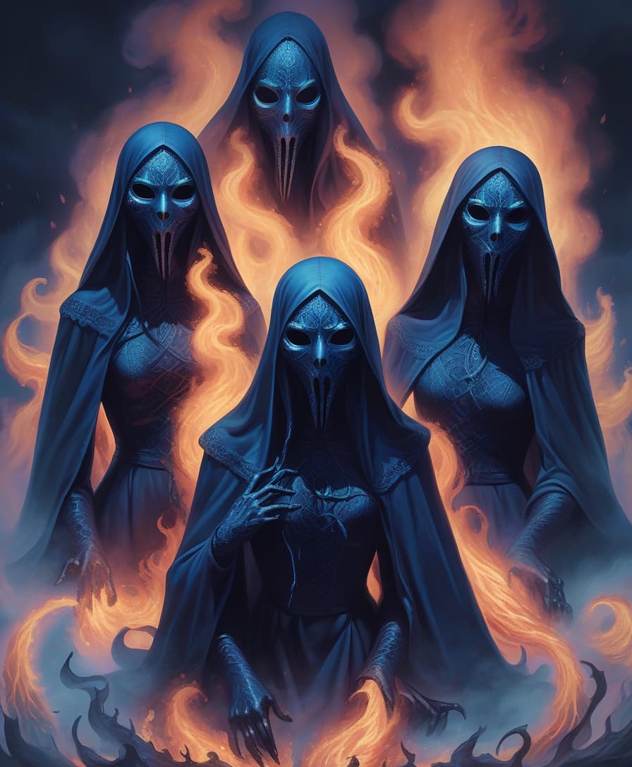  lovecraftian horror coven of witches. black masks on their faces. big blue fire. . eldritch, cosmic horror, unknown, mysterious, surreal, highly detailed