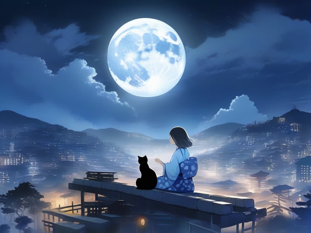  full moon, moon night, white hair, yukata, one girl, small black cat, sitting, high place