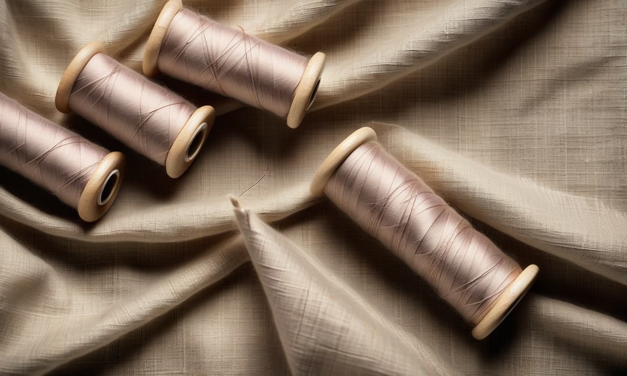  top view, photorealistic photo. (texture of natural linen fabric with light shallow folds, three spools of sewing threads lie on top of the fabric,