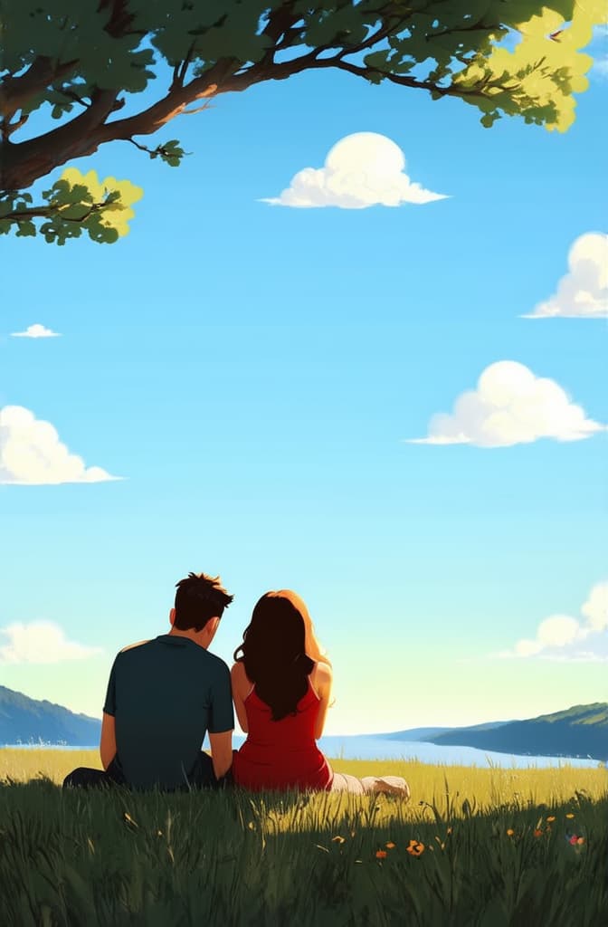  flat illustration, flaticon, (illustration:1.15), couple a man and a woman sit together bowing their heads on their shoulders and looking into the distance at a beautiful view relationships outdoor recreation dream travel family ar 2:3, [cory loftis, strobist, pascal campion :: 0.2]