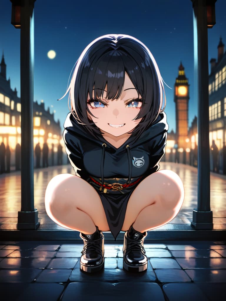  ultra detailed:1.2,masterpiece:1.2,best quality,masterpiece,bestquality,hdr:1.1,8k:1.1,very cute girl:1.3,((wearing a black hooded sweatshirt:1.2)),black shorts,black tights,and long boots,((with a japanese sword at her waist:1.8)),(((crouched atop a london bigben:1.5))),gazing into the distance,with an ominous grin on her face,set against a night sky with a huge moon and no stars,(overlooking the scattered lights of an ancient london town),(black hair,bob cut:1.4),((black ninja dress:1.5)),(seductive smile,grin:1.5),(full body,face focus:1.8)