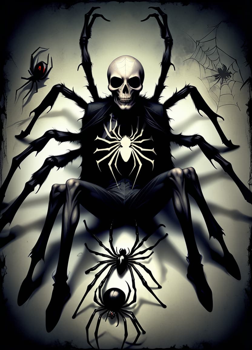  macabre style make him a man with the lower half of a spider's body . dark, gothic, grim, haunting, highly detailed