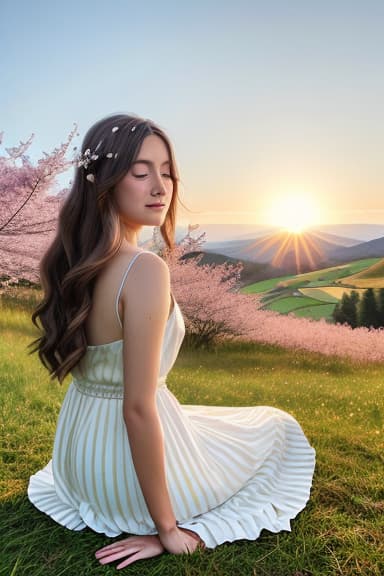  a with flowing brown hair, sitting under a cherry blossom tree in full bloom, wearing a light, pastel dress. the scene is ed in soft, golden sunlight, with petals gently falling around her. her expression is serene and thoughtful, with sparkling green eyes that reflect the beauty of nature. the background features a vint, green meadow and a distant view of rolling hills. the image captures a moment of peace and tranquility, styled in a realistic and cinematic manner, with ultra high definition details.