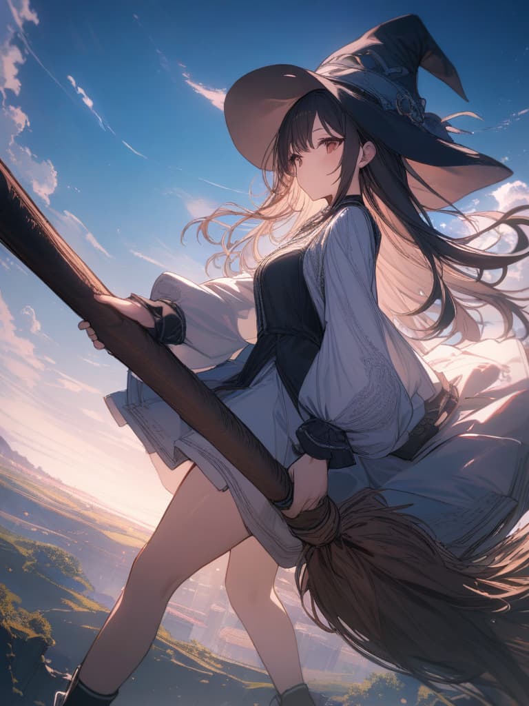  witch, girl, hat, hair fluttering, flying in the sky, sitting on a broom, riding on a broom, holding down the hat by hand, masterpiece, best quality,8k,ultra detailed,high resolution,an extremely delicate and beautiful,hyper detail