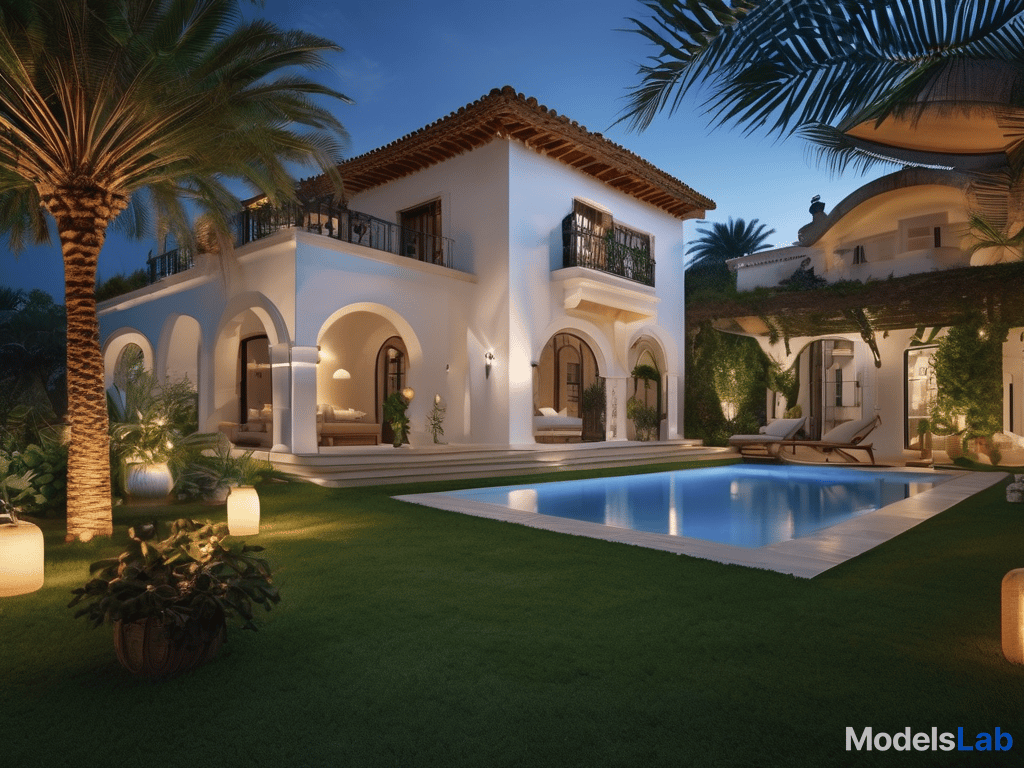  beautiful spanish villa with terrace, cozy pool, tropical garden and lawn hyperrealistic, full body, detailed clothing, highly detailed, cinematic lighting, stunningly beautiful, intricate, sharp focus, f/1. 8, 85mm, (centered image composition), (professionally color graded), ((bright soft diffused light)), volumetric fog, trending on instagram, trending on tumblr, HDR 4K, 8K