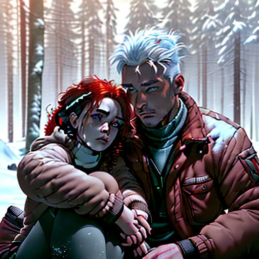  two people in the picture. a guy with a girl on the background of a snowy forest. the picture should feel tension, fear. they sit on their knees and look at each other. the girl holds his hands and cries. their hands are stained in red. the guy has white hair and blue eyes, dark eyebrows. the girl has red curly hair, brown eyes., shot 35 mm, realism, octane render, 8k, trending on artstation, 35 mm camera, unreal engine, hyper detailed, photo realistic maximum detail, volumetric light, realistic matte painting, hyper photorealistic, trending on artstation, ultra detailed, realistic