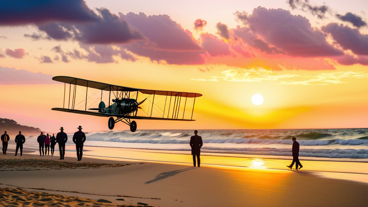  a serene beach at kitty hawk, north carolina, featuring the historic wright flyer in mid flight against a vibrant sunset, with spectators on the sandy shore gazing up in awe at the pioneering moment. hyperrealistic, full body, detailed clothing, highly detailed, cinematic lighting, stunningly beautiful, intricate, sharp focus, f/1. 8, 85mm, (centered image composition), (professionally color graded), ((bright soft diffused light)), volumetric fog, trending on instagram, trending on tumblr, HDR 4K, 8K