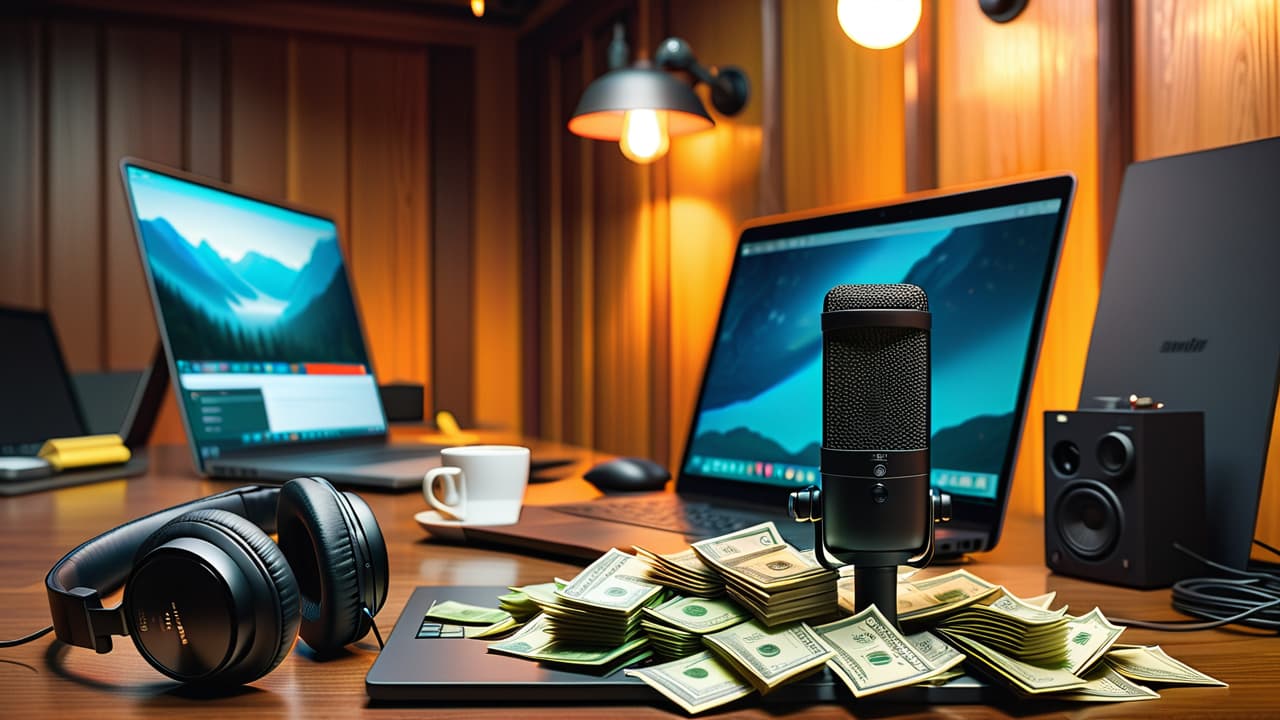  a cozy podcast studio filled with soundproofing panels, a microphone on a sleek desk, headphones resting on an open laptop, stacks of dollar bills and coins scattered around, and a coffee cup steaming nearby. hyperrealistic, full body, detailed clothing, highly detailed, cinematic lighting, stunningly beautiful, intricate, sharp focus, f/1. 8, 85mm, (centered image composition), (professionally color graded), ((bright soft diffused light)), volumetric fog, trending on instagram, trending on tumblr, HDR 4K, 8K