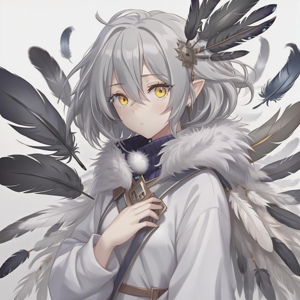  concept art beautiful anime girl with gray hair, white eyes, feathers instead of ears . digital artwork, illustrative, painterly, matte painting, highly detailed