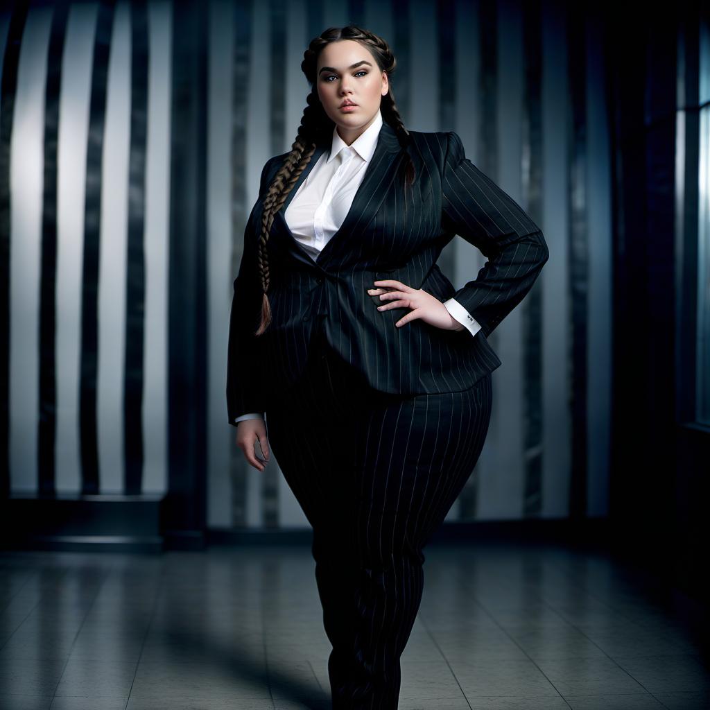  cinematic photo a large girl in a black suit with a huge bust, with braids of black hair, black striped trousers with large hips model . 35mm photograph, film, bokeh, professional, 4k, highly detailed