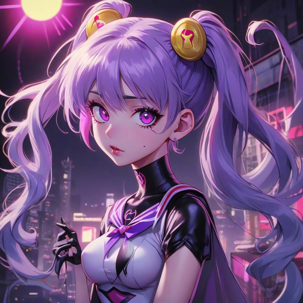  anime artwork anime style, gothic style, girl with purple hair, girl with one ponytail, bandage on one eye, sailor moon costume, gothic makeup, cyberpunk, neon, gwen stacy costume, spider, spider man, frowny face . anime style, key visual, vibrant, studio anime, highly detailed, hkmagic