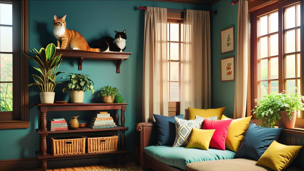  a warm, inviting corner with wooden shelves and soft fabric perches, adorned with potted plants, colorful cushions, and a fluffy cat lounging peacefully in sunlight streaming through a window. hyperrealistic, full body, detailed clothing, highly detailed, cinematic lighting, stunningly beautiful, intricate, sharp focus, f/1. 8, 85mm, (centered image composition), (professionally color graded), ((bright soft diffused light)), volumetric fog, trending on instagram, trending on tumblr, HDR 4K, 8K