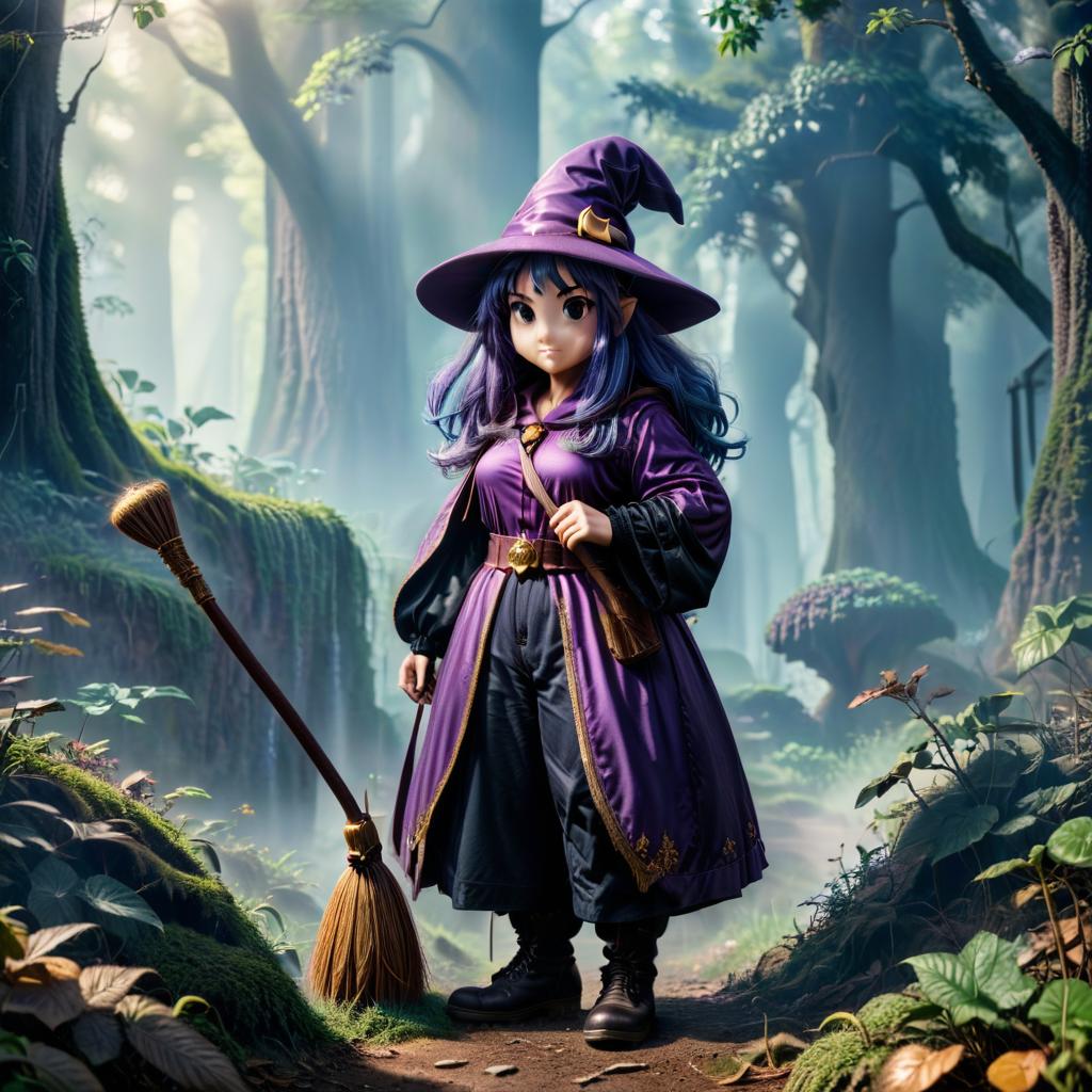  super mario style a cartoon image of a witch, , with wavy and long blue hair, brown eyes, dressed in a purple velvet robe with a hood, a long black cap on her head, wearing pointed black boots, holding a magic broom in her hand, the broom sparks magic golden pollen, against the backdrop of a magical forest . vint, cute, cartoony, fantasy, , reminiscent of super mario series, hkmagic, civitai hyperrealistic, full body, detailed clothing, highly detailed, cinematic lighting, stunningly beautiful, intricate, sharp focus, f/1. 8, 85mm, (centered image composition), (professionally color graded), ((bright soft diffused light)), volumetric fog, trending on instagram, trending on tumblr, HDR 4K, 8K