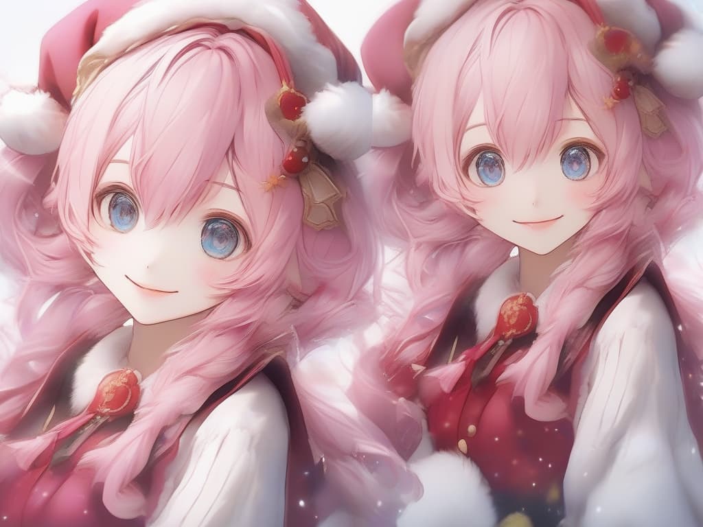  santa cosplay twin tails pink hair color, smile, masterpiece, best quality,8k,ultra detailed,high resolution,an extremely delicate and beautiful,hyper detail