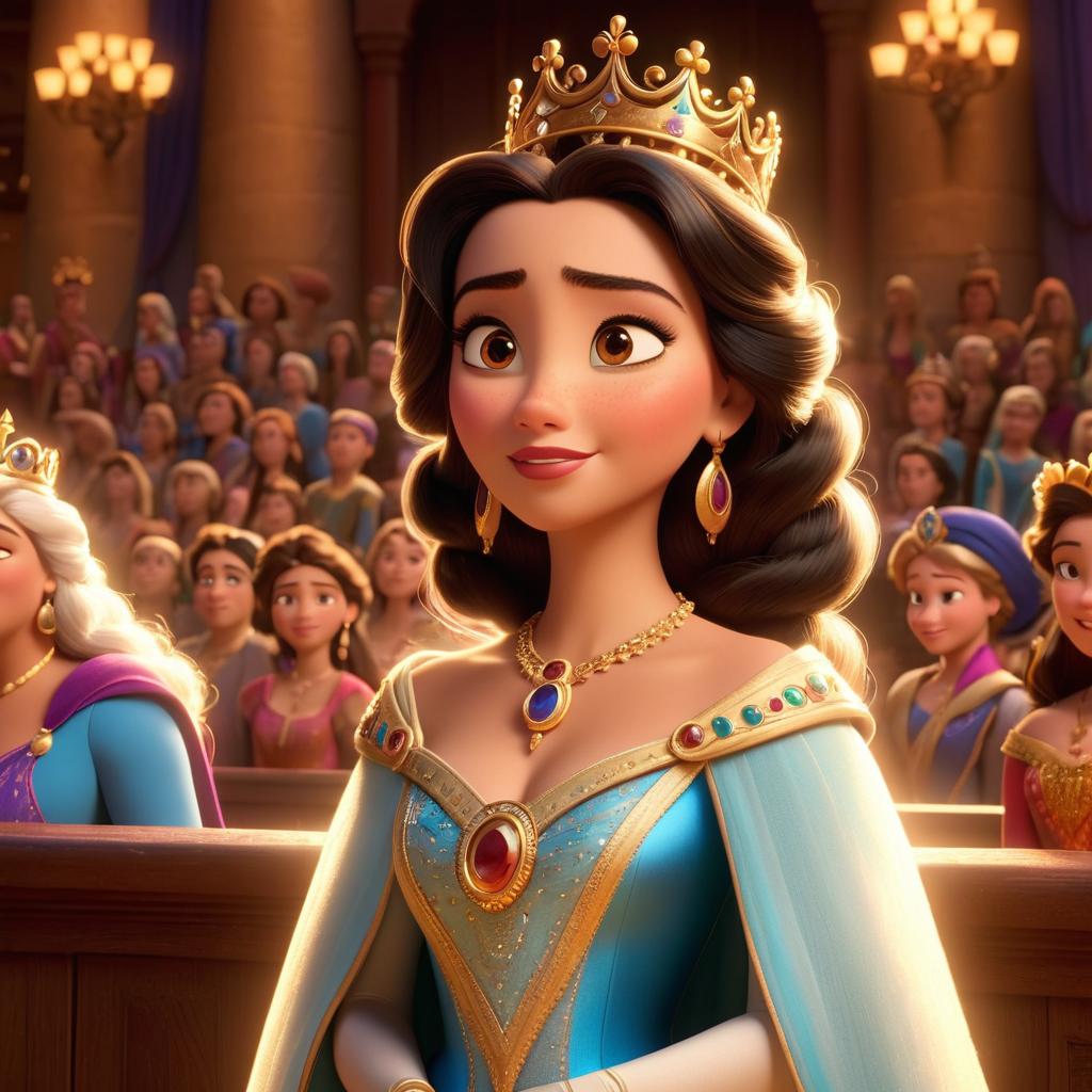  in 3d animated movie style. disney pixar style. "laila, a 10 , crowned queen, in grand royal courtroom settling village dispute. high resolution, pixar 3d animated style with bright, soft lights, warm colors. dynamic mid angle shot shows her empathy and determination."