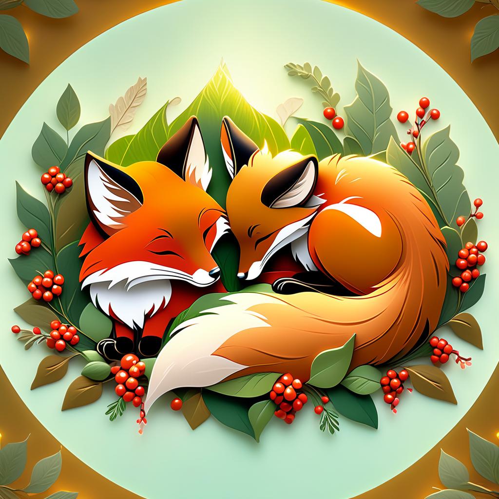  dreamscape (frame):gold round frame decorated with fancy oak leaves and rowan berries. (picture). animalism in fantasy style: little fox sleeping in the arms of big mum fox. appearance of a fox:sweetly sleeping curled up in a ball. (colours):orange, red, white, beige, gold, all shades of green, brown, brown gold. (style):animalism, fantasy, fairy tale, tenderness, kindness, calmness, cartoon . surreal, ethereal, dreamy, mysterious, fantasy, highly detailed, civitai, hkmagic hyperrealistic, full body, detailed clothing, highly detailed, cinematic lighting, stunningly beautiful, intricate, sharp focus, f/1. 8, 85mm, (centered image composition), (professionally color graded), ((bright soft diffused light)), volumetric fog, trending on instagram, trending on tumblr, HDR 4K, 8K