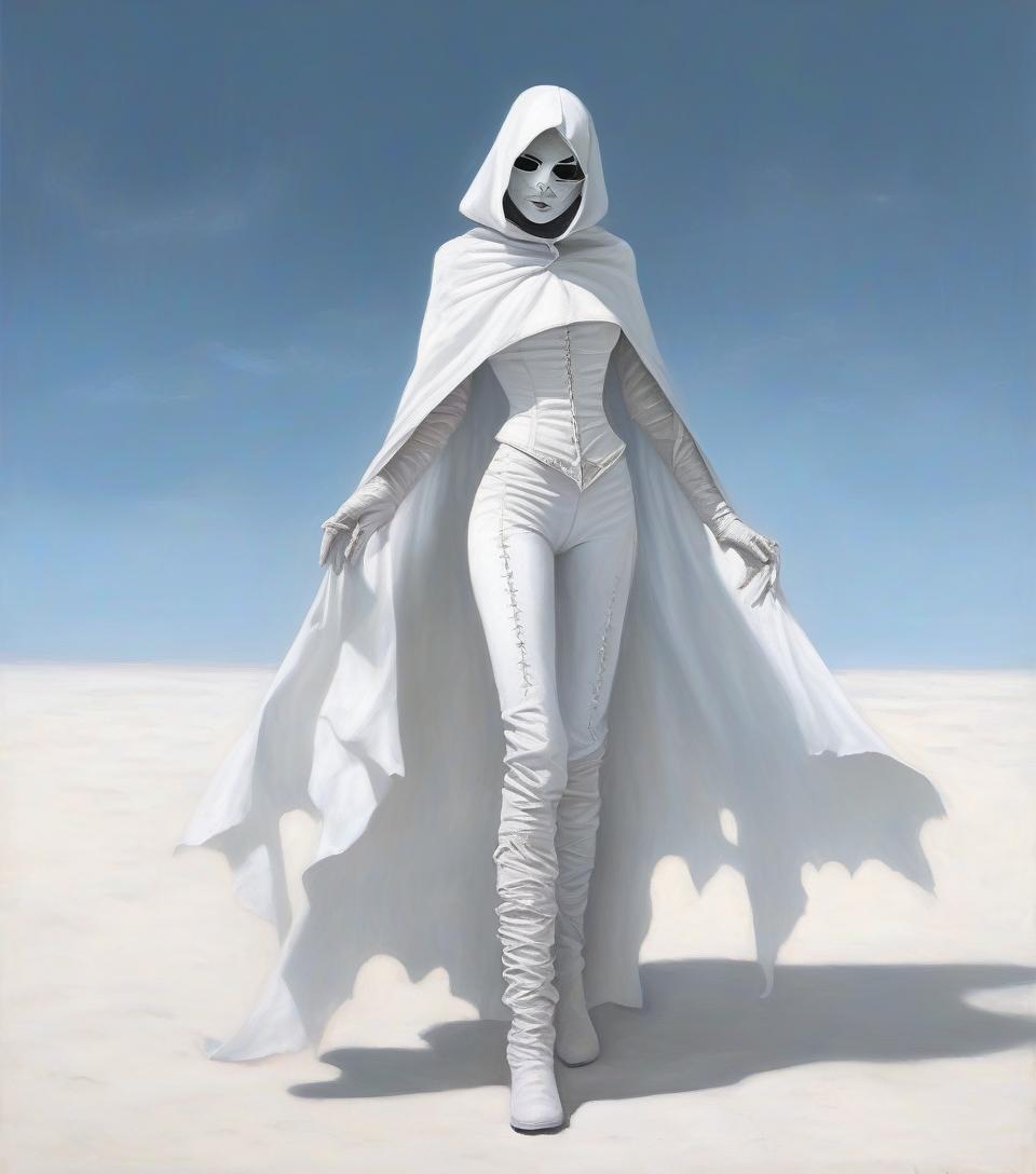  macabre style dark fantasy. a very thin girl in a white mask up to half her face, in a leather white open corset, in leather pants, in white wrists, in white gloves, in a leaky openwork cloak. . dark, gothic, grim, haunting, highly detailed, hkmagic, oil painting