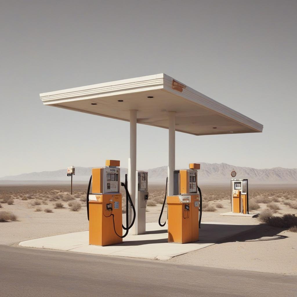  minimalism, nameless empty gas station in la desert giclee print, abstract, simple geometic shapes, hard edges, sleek contours, minimalism