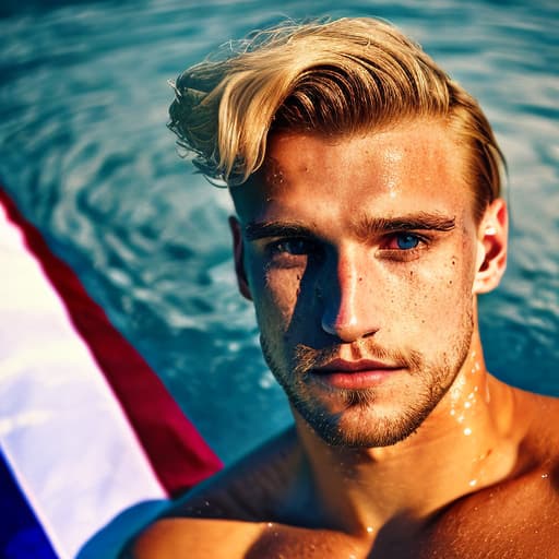 portrait+ style Hungarian LGBT queer swimmer blonde hunk dude face