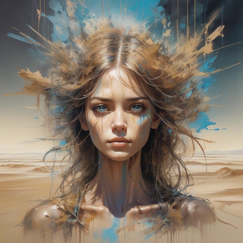  awe inspiring painting of awe striking a muted abstract impressionism art, a beautiful woman in a surreal full body, dreamlike virtual voidscape with floating virtual elements and distorted abstract data streams, perfectly rendered face, that emphasizes the sunlit sands, dramatic beauty of triumphantly, art by carne griffiths and wadim kashin using graffiti airbrushing techniques, centered in an epic, awe inspiring scene, approaching perfection with dynamic composition, sharp focus, illustration, accent lighting, high definition, bright paint colors contrasting, highly detailed, concept art, smooth textures, artstation aesthetics, by squal92i., watercolor, trending on artstation, sharp focus, studio photo, intricate details, highly detailed