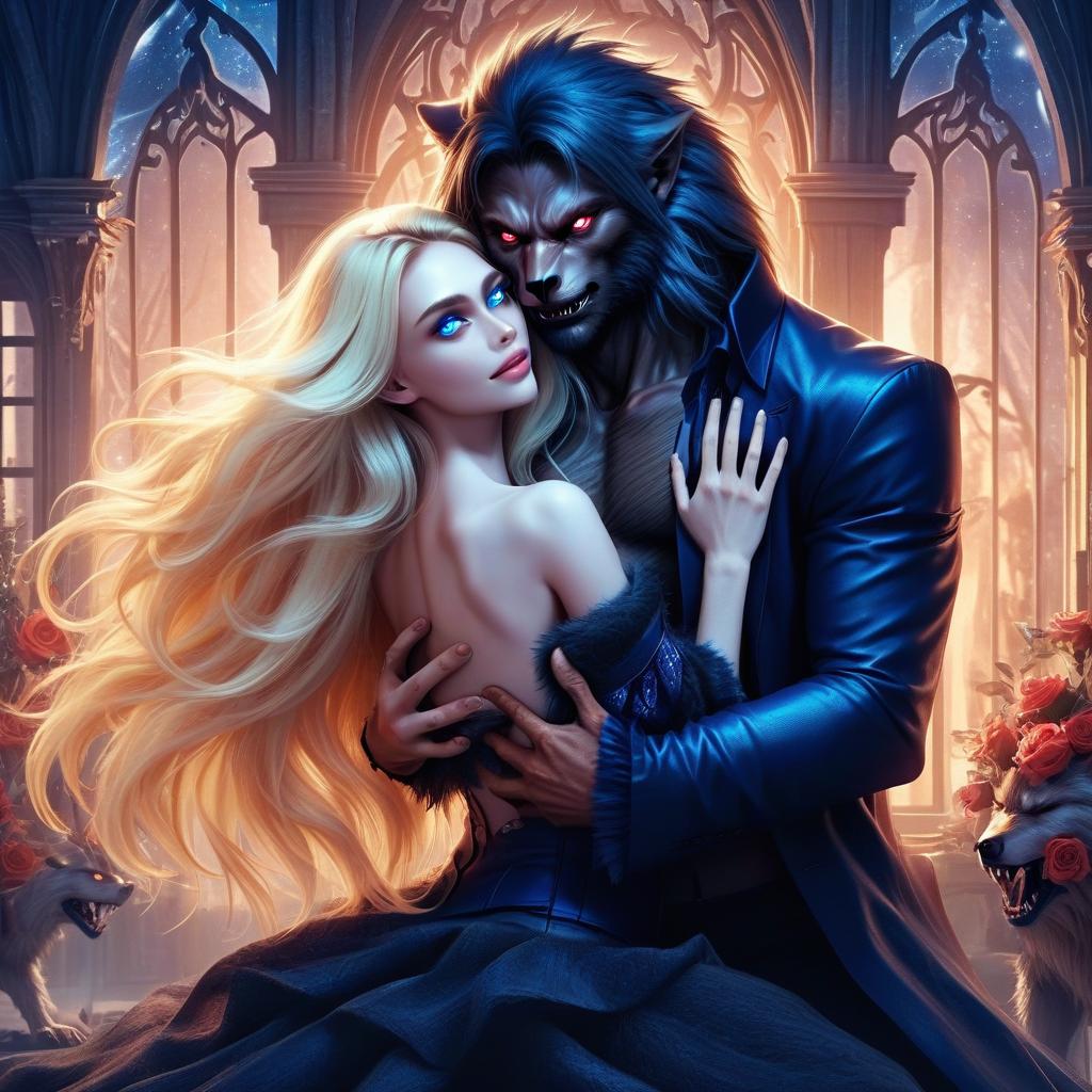  a huge werewolf with a human body, hugging a beautiful blonde with long hair and blue eyes., hkmagic