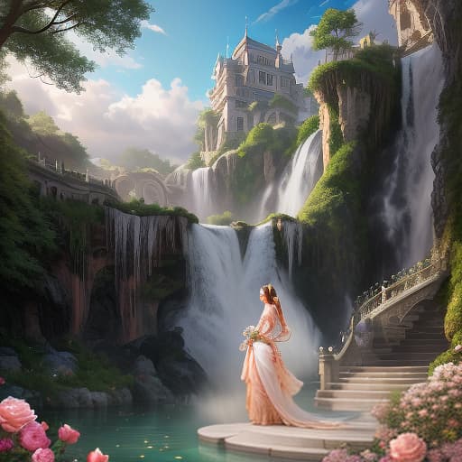  mysterious airbrush painting of a decorative walkway featuring a rose gold gate, on the white walkway, rose gold glitter pots, brimming with peach and lilac flowers, enhancing the two tone greenery on the background. a cascading waterfall falls into a crystal clear pond, all under a sunny sky punctuated by white iridescent clouds, highly detailed, breathtaking surreal masterpiece, natural light hyperrealistic, full body, detailed clothing, highly detailed, cinematic lighting, stunningly beautiful, intricate, sharp focus, f/1. 8, 85mm, (centered image composition), (professionally color graded), ((bright soft diffused light)), volumetric fog, trending on instagram, trending on tumblr, HDR 4K, 8K