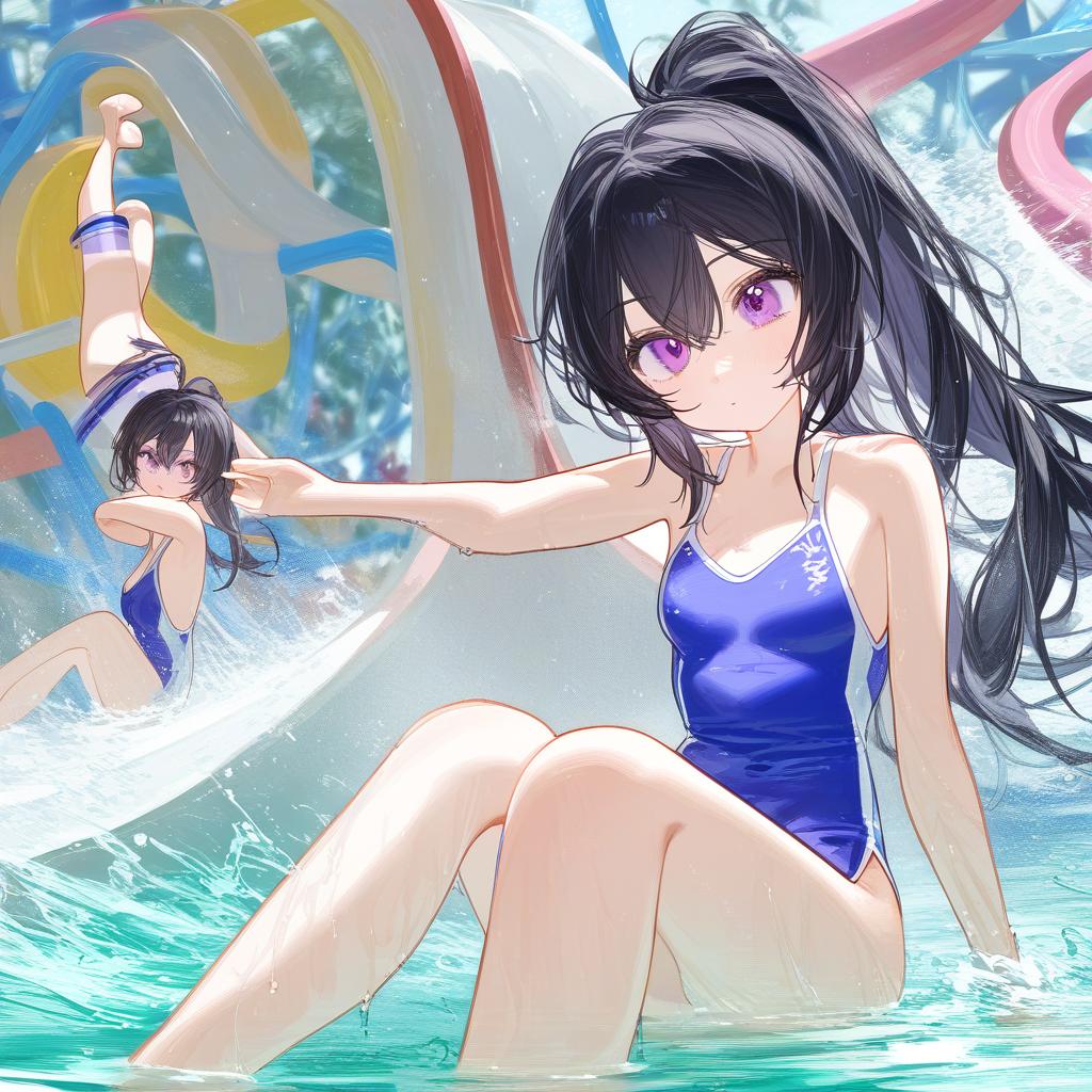   with black hair, ponytail, purple eyes, in a compeion , sitting with legs straight and sliding down a water slide . best quality, high resolution