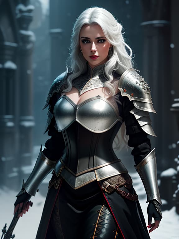  1 young , a knight, looks at the viewer, with long hair, snow white hair color, closed metal armor, leather corset, metal shoulder pads, metal plate , parted lips,, (extremely detailed oil painting:1.2), glow effects, godrays, hand drawn, render, 8k, octane render, cinema 4d, blender, dark, atmospheric 4k ultra detailed, cinematic sensual, sharp focus, humorous ilration, big depth of field, masterpiece, colors, 3d octane render, 4k, concept art, trending on artstation, hyperrealistic, vivid colors, extremely detailed cg unity 8k wallpaper, trending on artstation, trending on cgsociety, intricate, high detail, dramatic hyperrealistic, full body, detailed clothing, highly detailed, cinematic lighting, stunningly beautiful, intricate, sharp focus, f/1. 8, 85mm, (centered image composition), (professionally color graded), ((bright soft diffused light)), volumetric fog, trending on instagram, trending on tumblr, HDR 4K, 8K