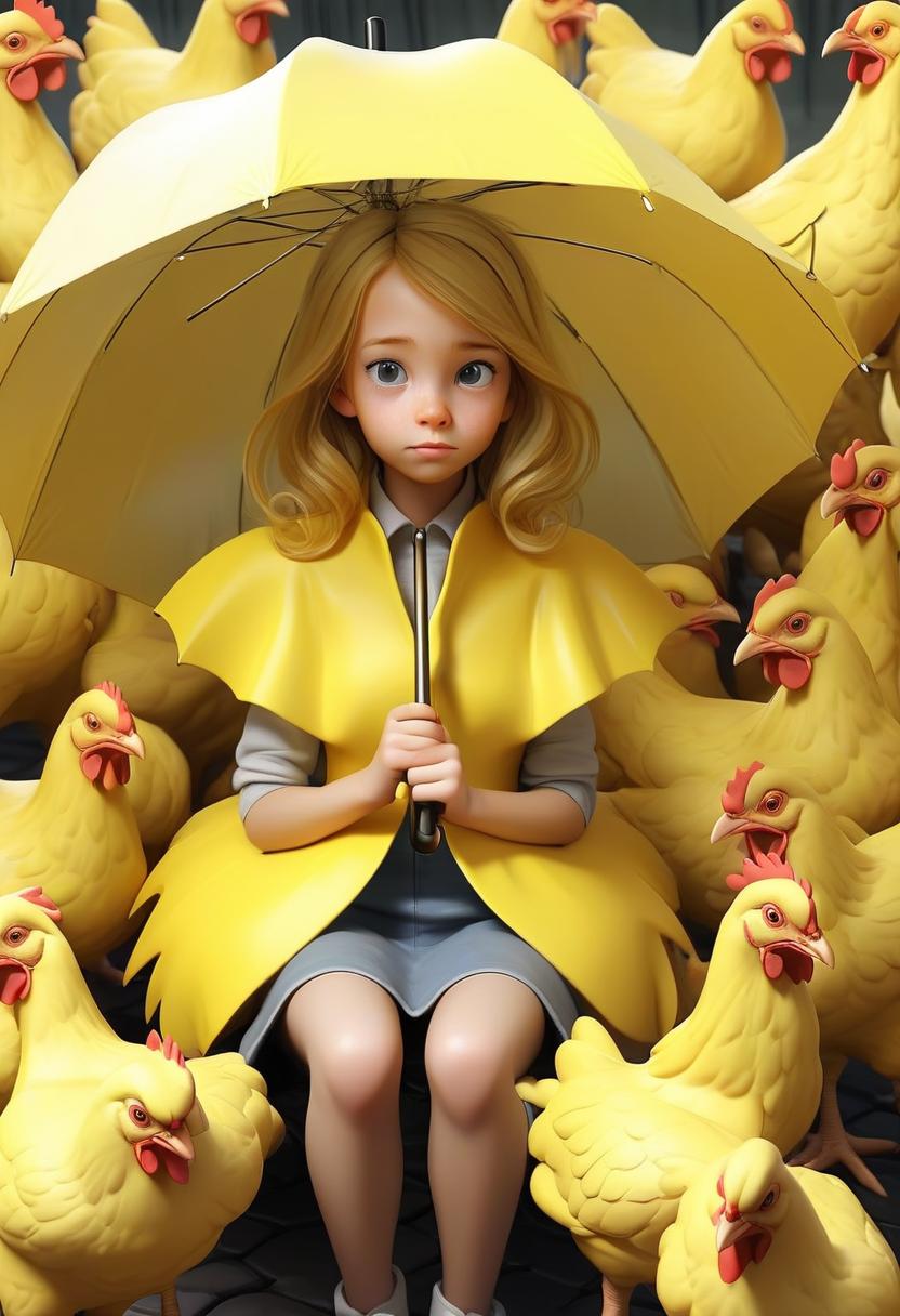  the girl covered with an umbrella of yellow chickens