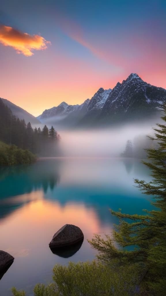  a breathtaking sunrise over a serene mountain lake, with vibrant colors reflecting off the water and mist gently rising