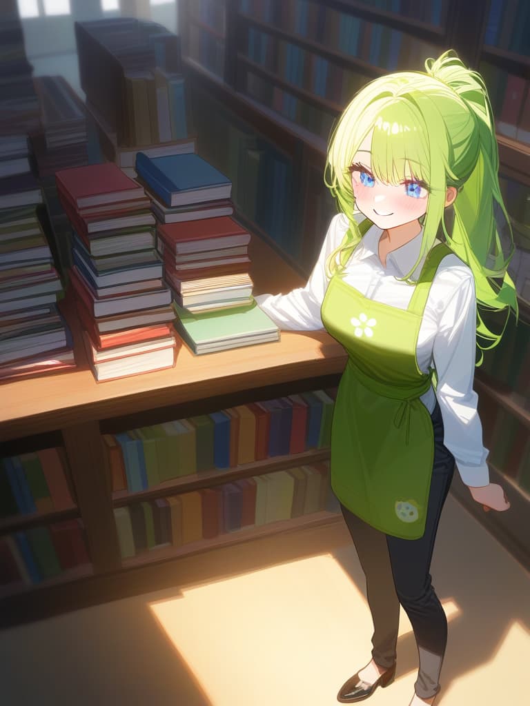  (hd:1.3),(4k 8k:1.5)apron,black pants,clothing,collared shirt,green apron,hair accessory,long sleeves,pants,polka dot pattern,long ponytail,scrunchie,shirt,tied hair,white shirt,blue eyes,green hair,(very smile:1.3),(blush:1.2),(inside a library filled with books) woman,long hair,standing