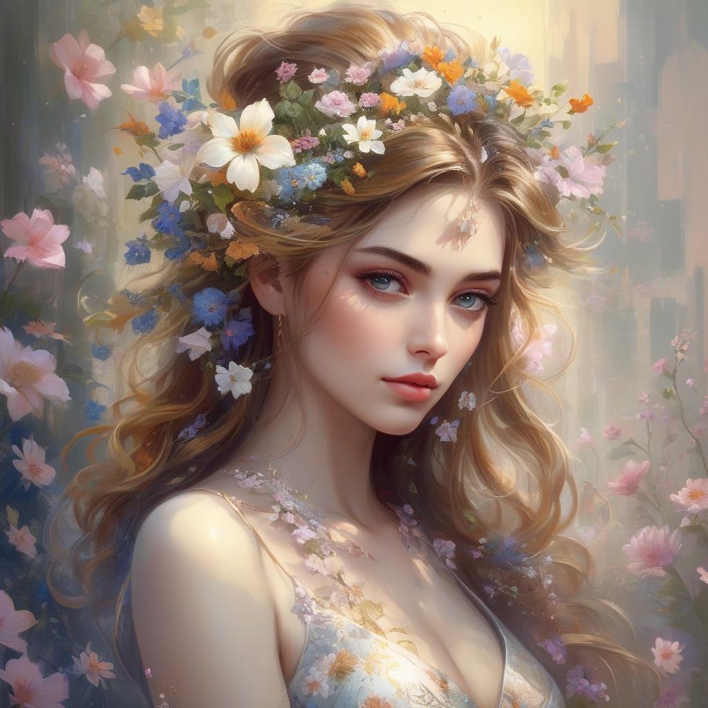  q, 7, ♥, e, there is a woman with flowers in her hair and a dress, beautiful gorgeous digital art, beautiful fantasy art portrait, beautiful digital art, beautiful digital artwork, very beautiful digital art, beautiful fantasy portrait, beautiful feminine face, beautiful art uhd 8 k, gorgeous digital art, beautiful digital painting, beautiful fantasy maiden, karol bak uhd, beautiful art, beautiful painting, by ank