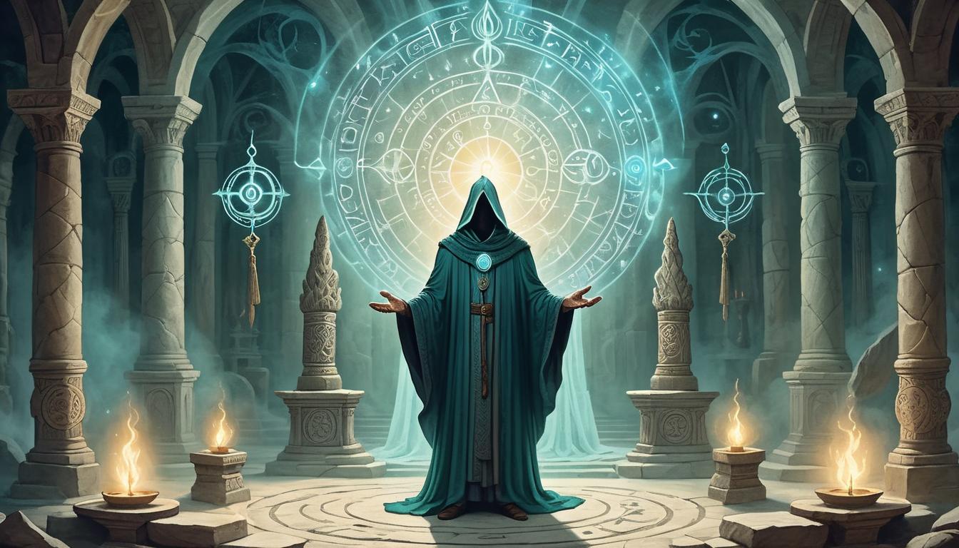  on parchment, surrealism+++, mystical sage standing before an ancient altar, surrounded by glowing sigils, ethereal light casting a halo, revered presence, crucial message(mysterious, provocative, symbolic,muted color)+++