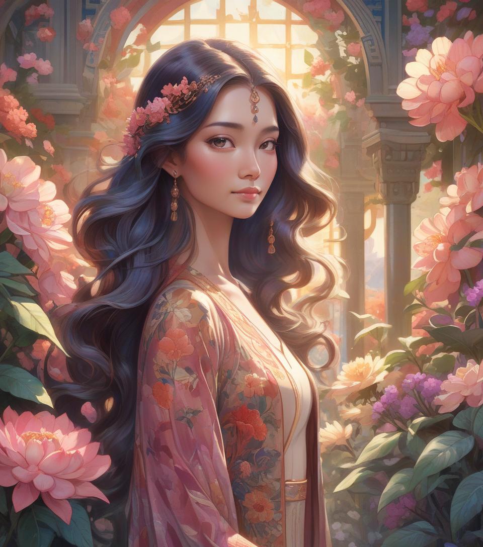  concept art oriental woman sporting a subtle smile amidst an opulent flower garden, imperial hues enveloping the art nouveau inspired floral backdrop, crowned regally, radiant backlighting highlighting her flowing hair, radiant, mythical allure transcending existence, watercolor aesthetic, greg rutkowski's touch, trending on artstation, razor sharp focus, studio setting, elaborate intricacies, volumetric . digital artwork, illustrative, painterly, matte painting, highly detailed