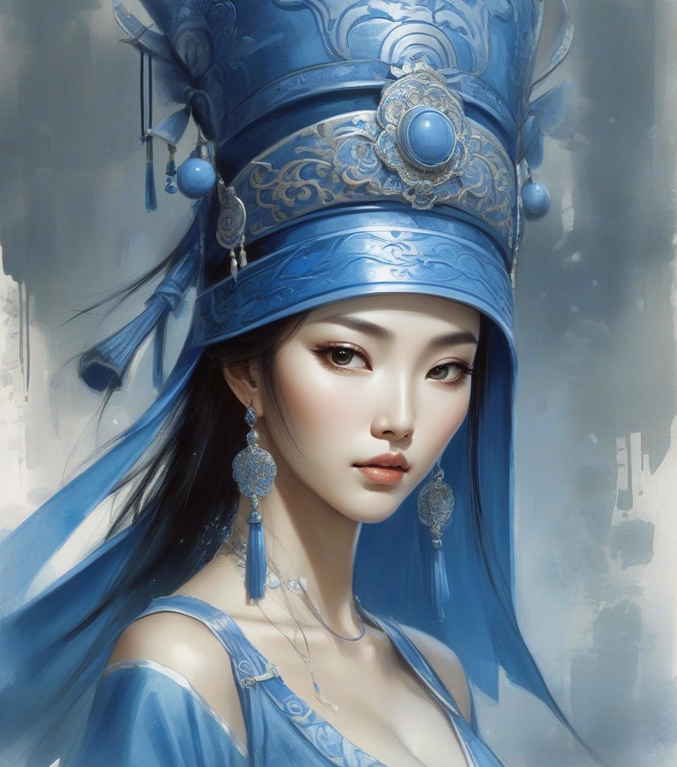  a painting of a woman with a blue hat and a blue dress, ancient asian dynasty princess, ancient chinese goddess, beautiful render of tang dynasty, beautiful oriental woman, chinese art, oriental fantasy, ancient chinese beauties, ancient chinese princess, queen of the sea mu yanling, asian female water elemental, ancient china art style, by luis royo, chinese style painting, watercolor, trending on artstation, sharp focus, studio photo, intricate details, highly detailed, by greg rutkowski