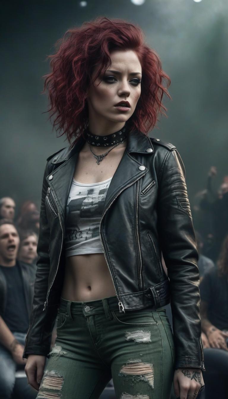  horror themed ((best quality)), ((masterpiece)), (detailed), beautiful punk rock , in leather jacket and torn jeans . against the background of the concert scene. choker. aggressive pose, green eyes, burgundy curly hair, you can see a well structured abdomen. beautiful s. extremely close up portrait style plan. this work uses multiple exposure, overlay of textures and expert post processing to convey a sense of dynamism and depth. the inclusion of style adds a unique charm to the character, enhancing its complexity and bringing a fresh look to the composition. . eerie, unsettling, dark, spooky, suspenseful, grim, highly detailed