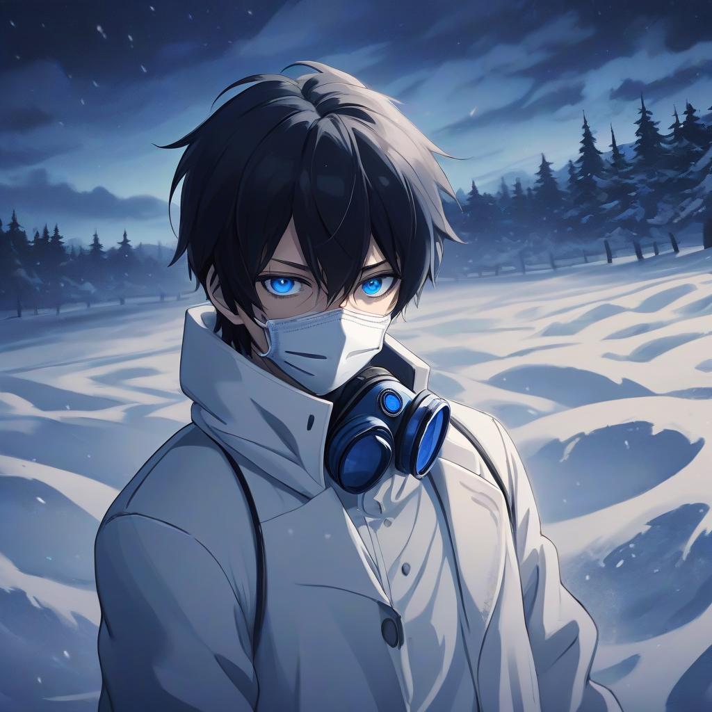  anime artwork a snowy field, a man in a white coat, black hair, blue eyes, a respirator, a night shrouded in darkness . anime style, key visual, vibrant, studio anime, highly detailed