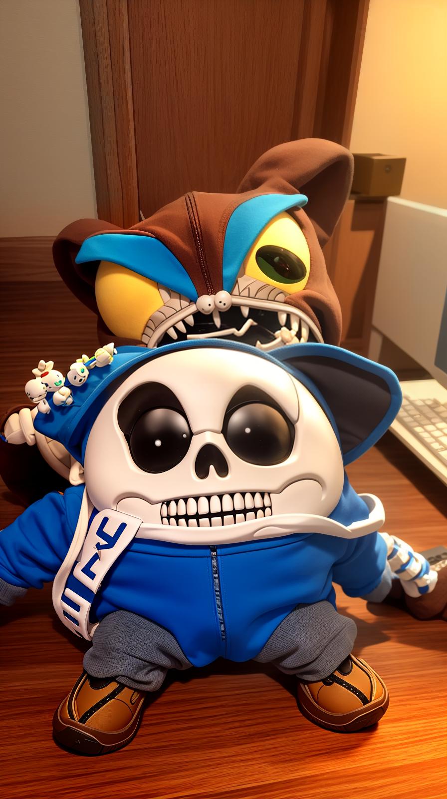  (8k, photorealistic, raw photo, best quality: 1.4), (photorealistic:1.4), (realistic face), realistic eyes, (realistic skin), ((((masterpiece)))), best quality, very high resolution, ultra detailed, in frame, sans from undertale, skeleton, hoodie, blue, lazy, humorous, witty, punny, humorous grin, glowing eye, hoodie strings, slippers, pun master, humorous dialogue, video game character, iconic costume, fan favorite, laid back attitude, skeletal features, cool demeanor