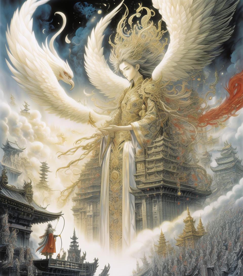  concept art heaven official's blessing lithography, detailed, by yoshitaka amano . digital artwork, illustrative, painterly, matte painting, highly detailed