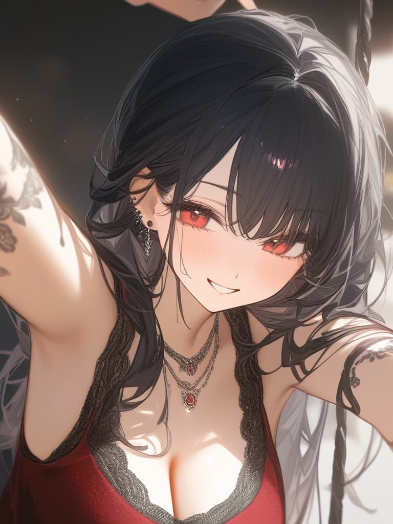  long hair, black hair, hair tips are pink, red eyes, hanging, bangs, and length of bangs, smiles, adults, adult faces, piercings, necklaces, black lace clothes, red rose tattou on arms in contained, thin makeup, rose tattoo on the arm, pink and black hair, masterpiece, best quality,8k,ultra detailed,high resolution,an extremely delicate and beautiful,hyper detail