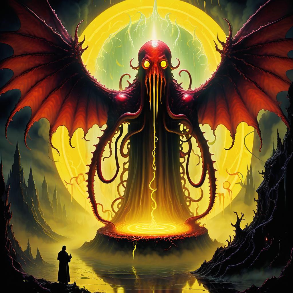  retro game art a creature in a priest's mantle in a sticky shiny slime bent into the fog and light of yellow lights smoke red sparks spikes terror of lovecraft's tentacles necronomicon and rings of slime wings . 16 bit, vibrant colors, pixelated, nostalgic, charming, fun