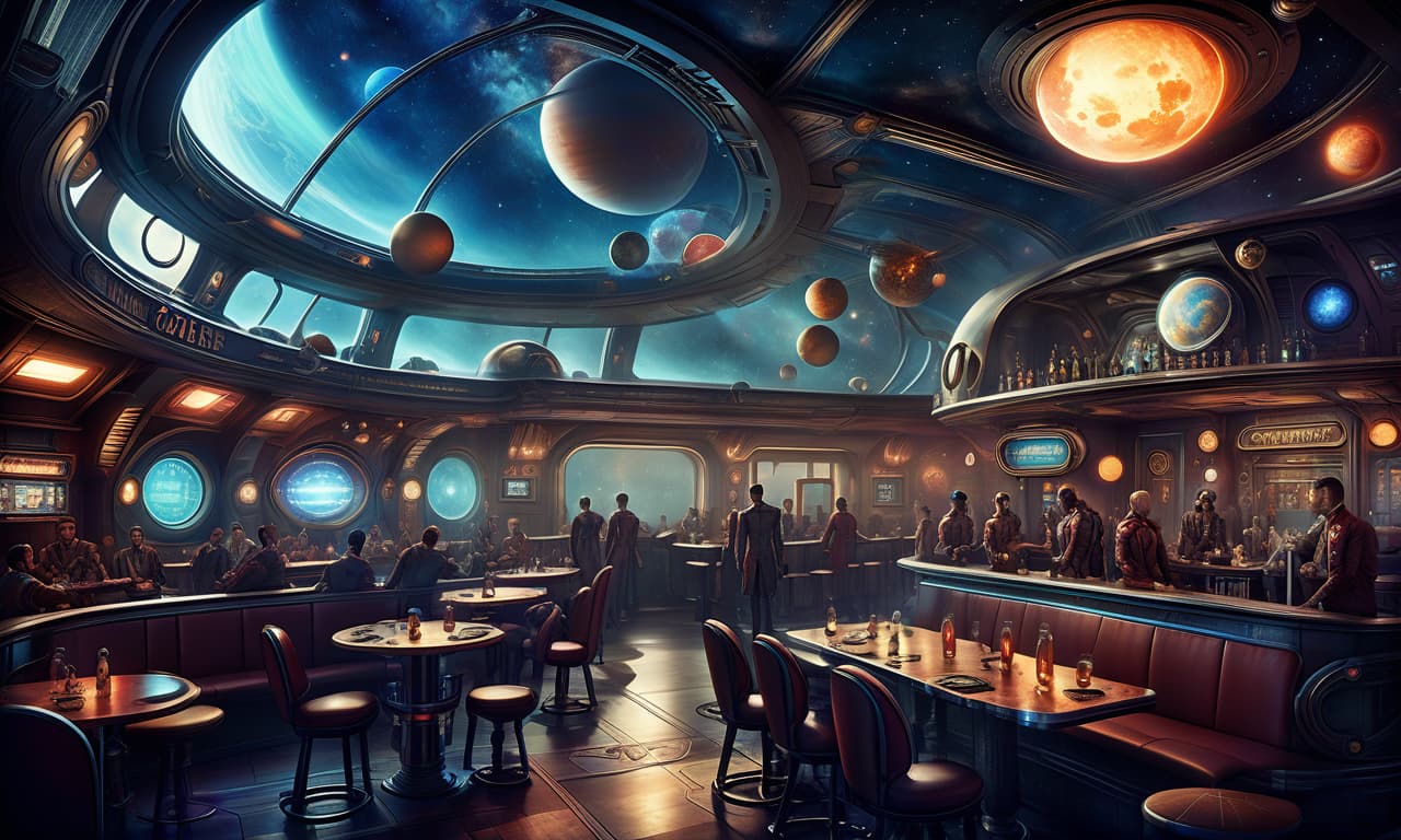  space themed retro futuristic tavern, dieselpunk image . cosmic, celestial, stars, galaxies, nebulas, planets, science fiction, highly detailed