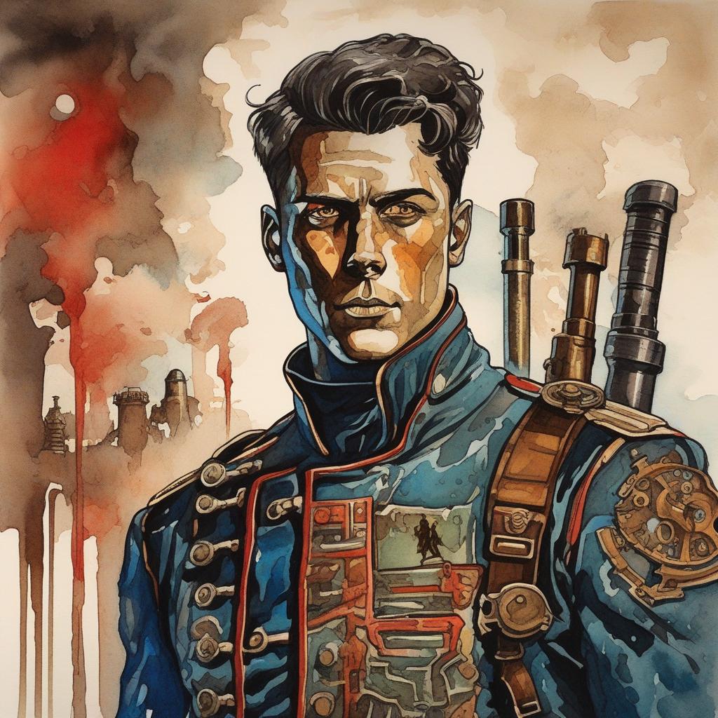  masterpiece, best quality, create a 1970s dark fantasy watercolored paper illustration of a young muscular male wearing steampunk military uniform, he has short white hair, blue eyes, a scar on his mouth and a bronze and red mechanical arm