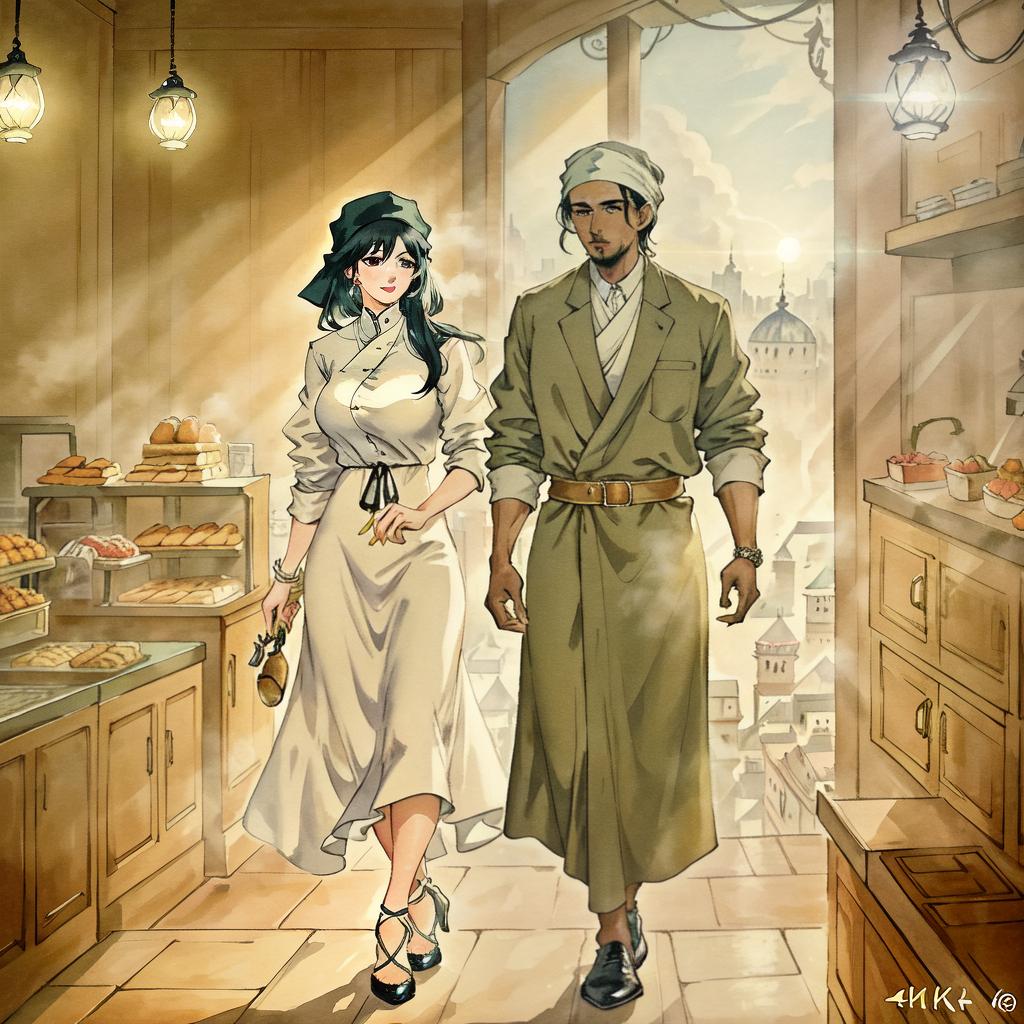  A masterpiece in Hergé comic style, hijabi woman and Muslim man in a bakery where she is the server and he’s a customer romantic comedy tv series poster cute vibes, detailed clothing, highly detailed, cinematic lighting, stunningly beautiful, intricate, sharp focus, f/1. 8, 85mm, (centered image composition), (professionally color graded), ((bright soft diffused light)), volumetric fog, trending on instagram, trending on tumblr, HDR 4K, 8K hyperrealistic, full body, detailed clothing, highly detailed, cinematic lighting, stunningly beautiful, intricate, sharp focus, f/1. 8, 85mm, (centered image composition), (professionally color graded), ((bright soft diffused light)), volumetric fog, trending on instagram, trending on tumblr, HDR 4K, 8K