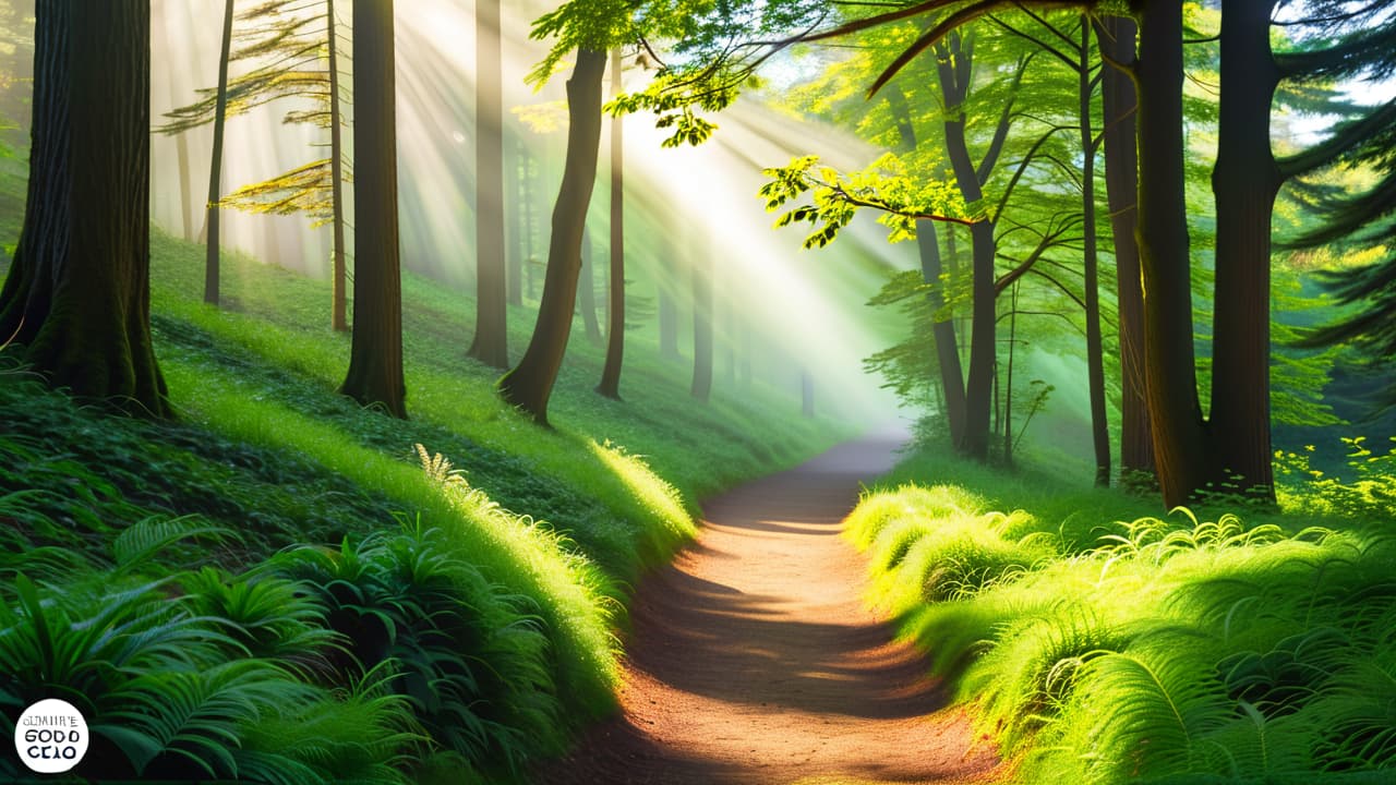  a serene landscape featuring five distinct paths winding through a lush forest, each path representing a principle. sunlight filters through the trees, illuminating the vibrant greenery, symbolizing clarity and focus. hyperrealistic, full body, detailed clothing, highly detailed, cinematic lighting, stunningly beautiful, intricate, sharp focus, f/1. 8, 85mm, (centered image composition), (professionally color graded), ((bright soft diffused light)), volumetric fog, trending on instagram, trending on tumblr, HDR 4K, 8K