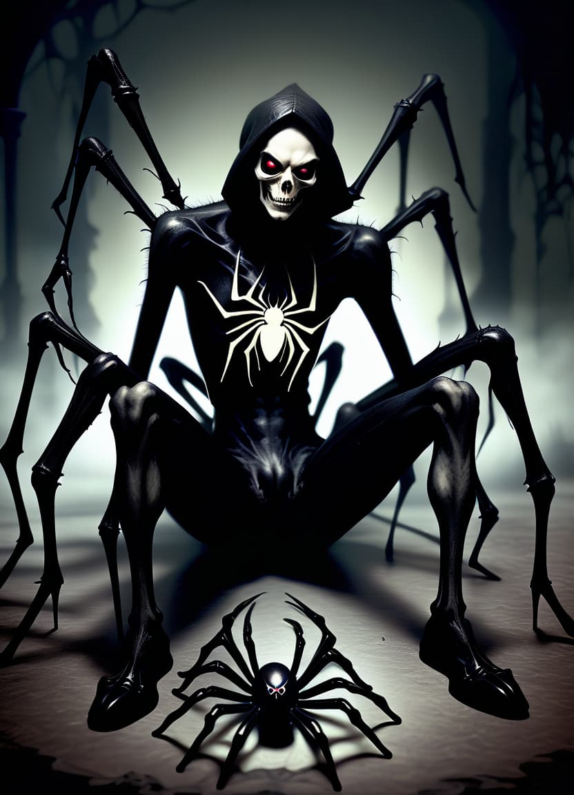  macabre style make him a spider body instead of his legs . dark, gothic, grim, haunting, highly detailed