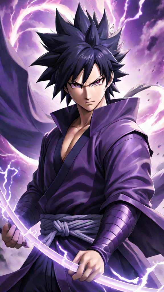  anime art: sasuke uchiha's susanoo evolution, purple symbolizing his shift from vengeance to self discovery. hyperrealistic, full body, detailed clothing, highly detailed, cinematic lighting, stunningly beautiful, intricate, sharp focus, f/1. 8, 85mm, (centered image composition), (professionally color graded), ((bright soft diffused light)), volumetric fog, trending on instagram, trending on tumblr, HDR 4K, 8K