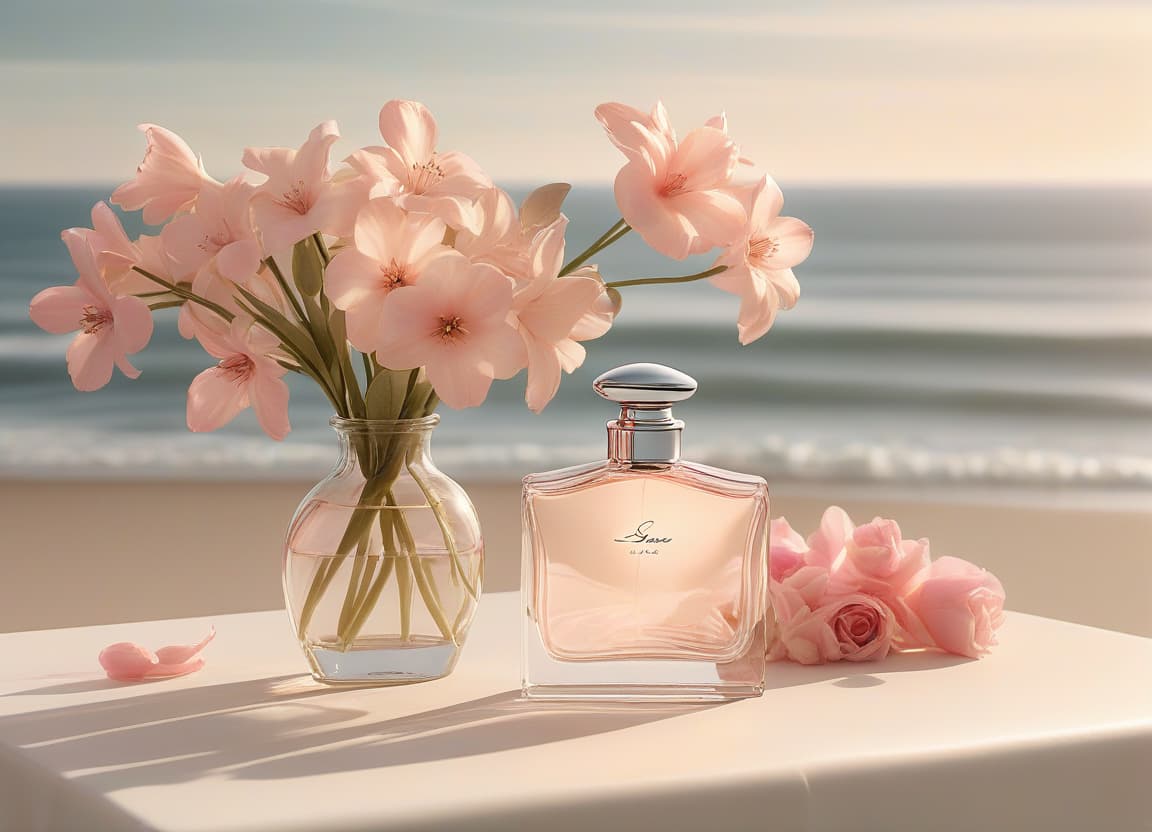  a bottle of lipas for la srene featuring natural flowers sitting on a table, in the style of chrome reflections, photorealistic renderings, serene oceanic vistas, light beige and pink, daniel jaems, delicate modeling, fluid and flowing lines