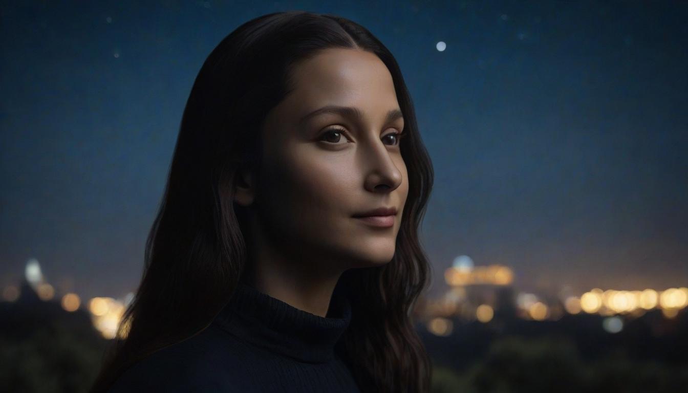  1 lady, (mona lisa), (portrait of mona lisa), looking at viewer, mild smile, starry night sky background, best quality, master piece, hyper realistic. photo realistic, highly intricate and detailed, masterpiece, ultra high res,photography,8k resolution