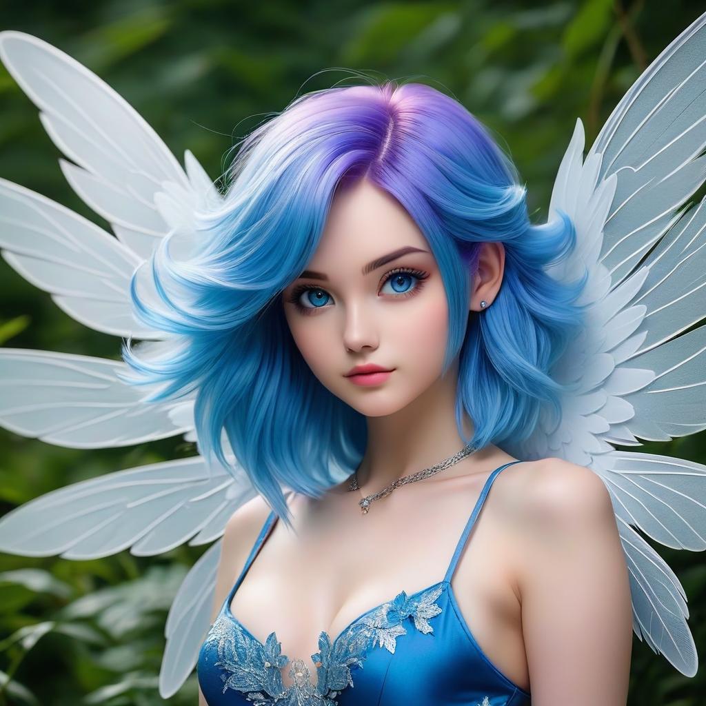  fairy with blue hair and beautiful wings in full growth, hkmagic